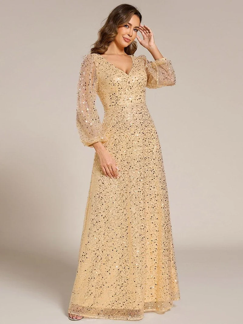 ever RAYVEN|Robe de soirée trapèze à paillettes col en V manches longues et paillettes