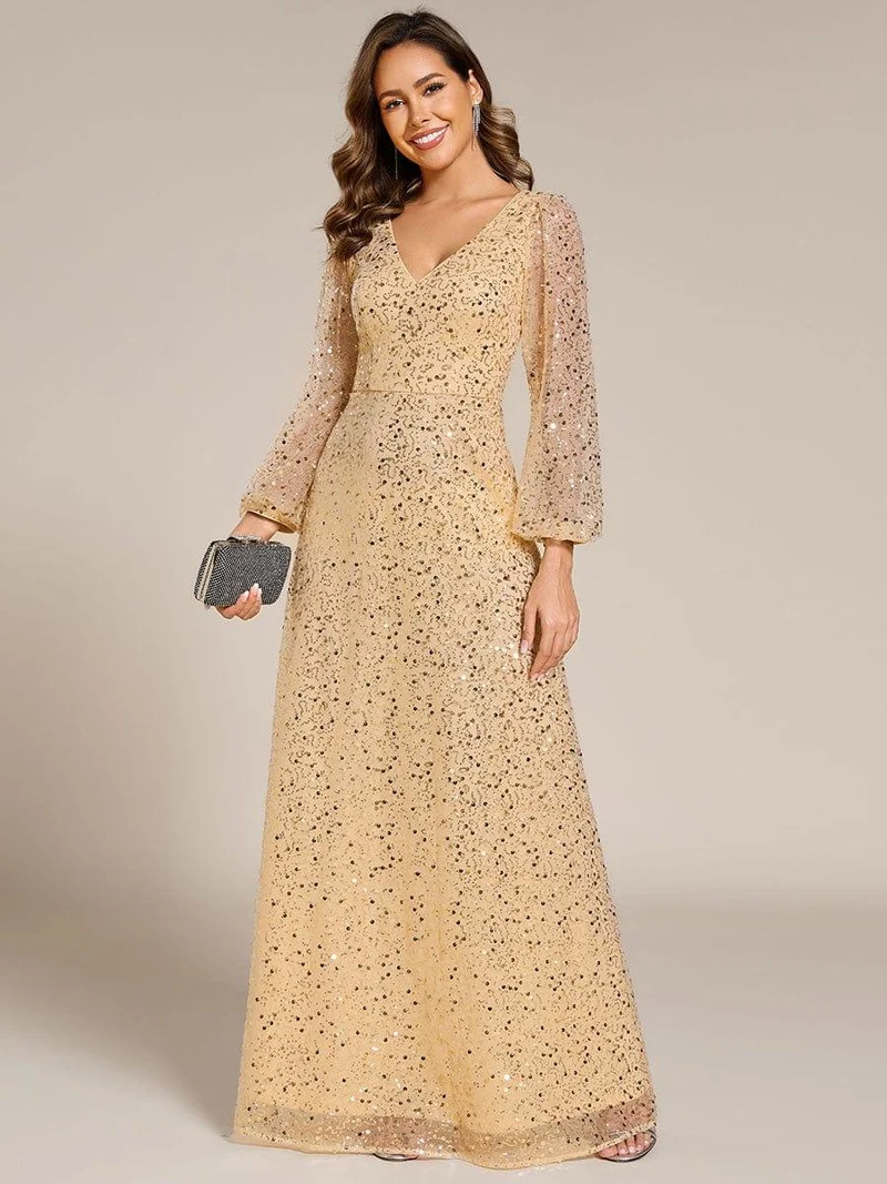 ever RAYVEN|Robe de soirée trapèze à paillettes col en V manches longues et paillettes