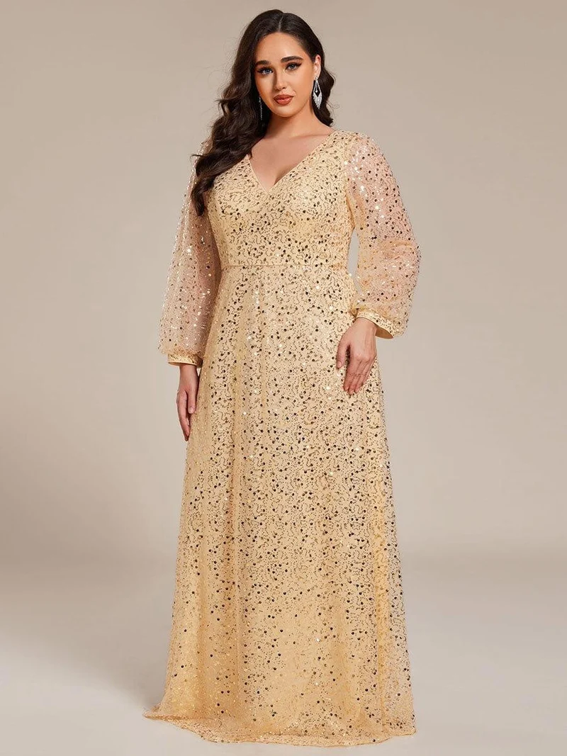 ever RAYVEN|Robe de soirée trapèze à paillettes col en V manches longues et paillettes