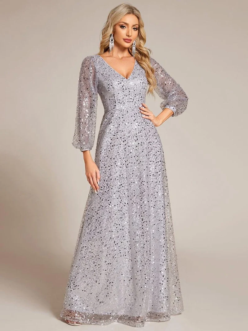 ever RAYVEN|Robe de soirée trapèze à paillettes col en V manches longues et paillettes