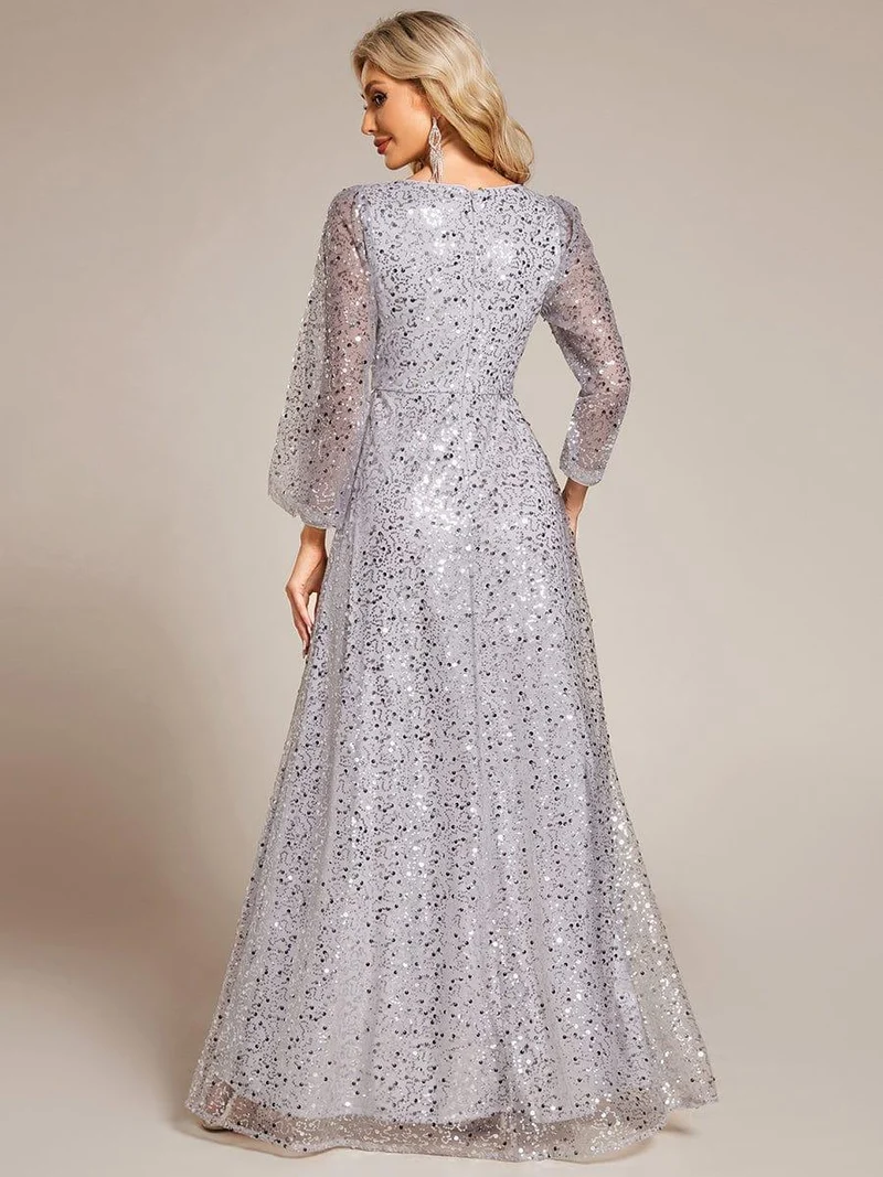 ever RAYVEN|Robe de soirée trapèze à paillettes col en V manches longues et paillettes