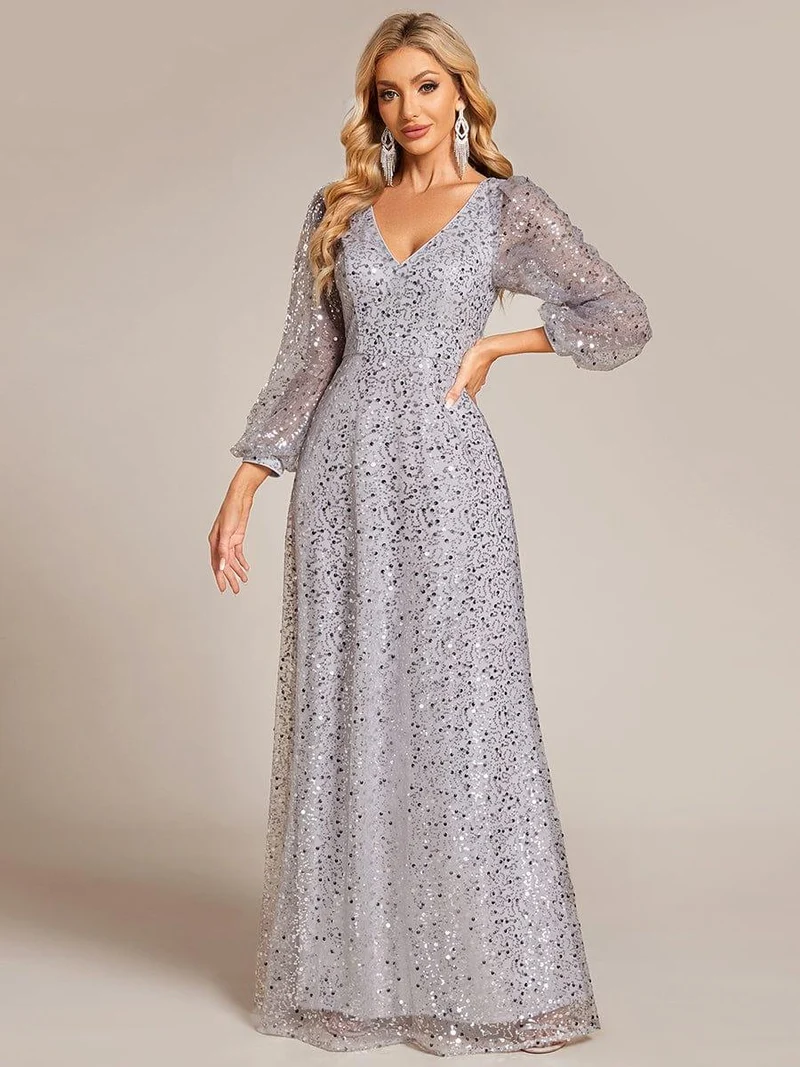 ever RAYVEN|Robe de soirée trapèze à paillettes col en V manches longues et paillettes