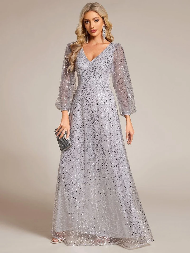 ever RAYVEN|Robe de soirée trapèze à paillettes col en V manches longues et paillettes