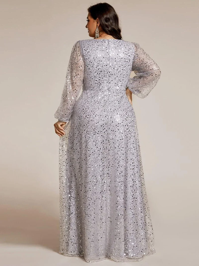 ever RAYVEN|Robe de soirée trapèze à paillettes col en V manches longues et paillettes