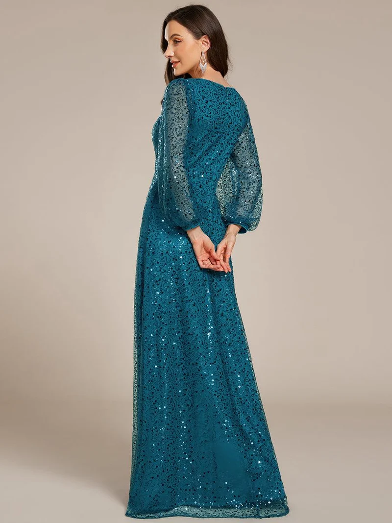 ever RAYVEN|Robe de soirée trapèze à paillettes col en V manches longues et paillettes