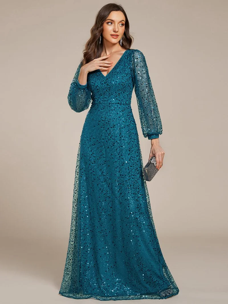 ever RAYVEN|Robe de soirée trapèze à paillettes col en V manches longues et paillettes