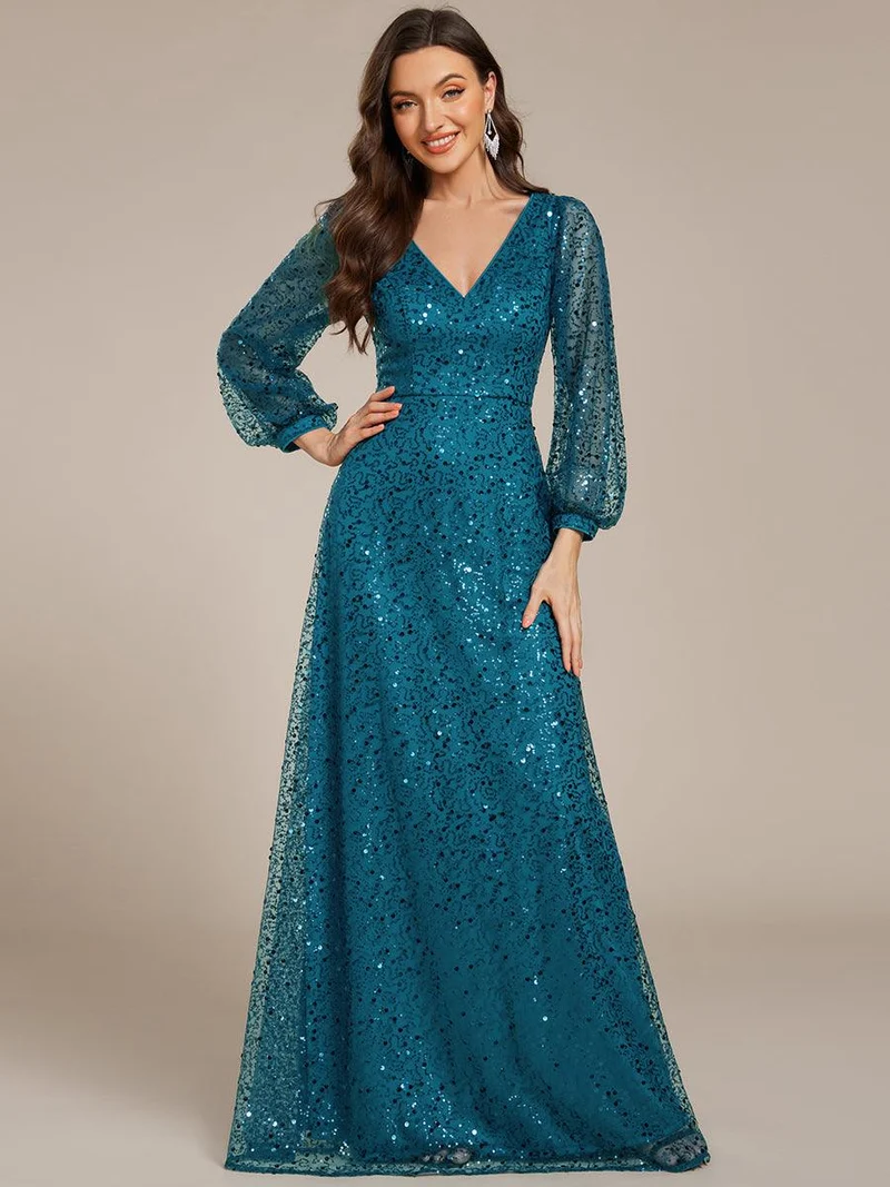 ever RAYVEN|Robe de soirée trapèze à paillettes col en V manches longues et paillettes