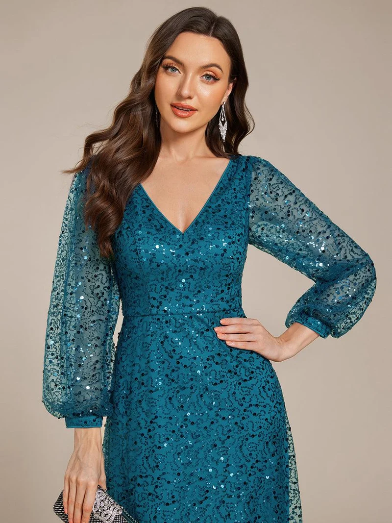 ever RAYVEN|Robe de soirée trapèze à paillettes col en V manches longues et paillettes