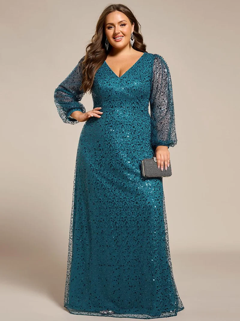 ever RAYVEN|Robe de soirée trapèze à paillettes col en V manches longues et paillettes