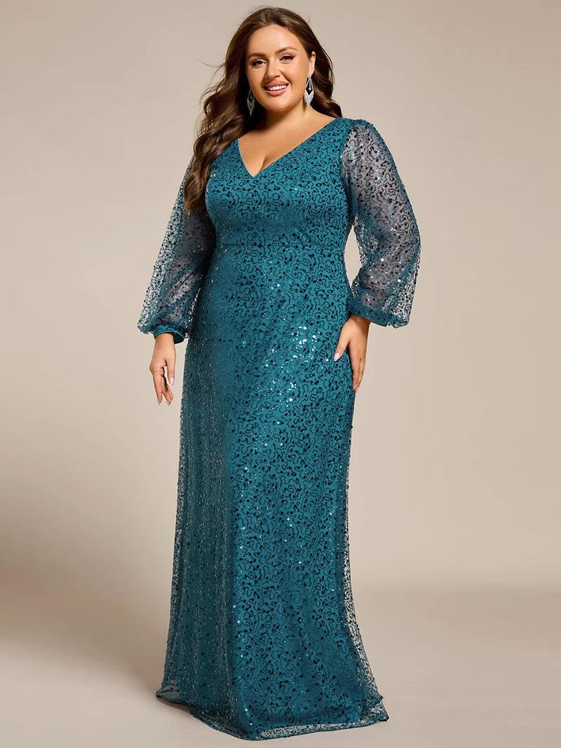 ever RAYVEN|Robe de soirée trapèze à paillettes col en V manches longues et paillettes