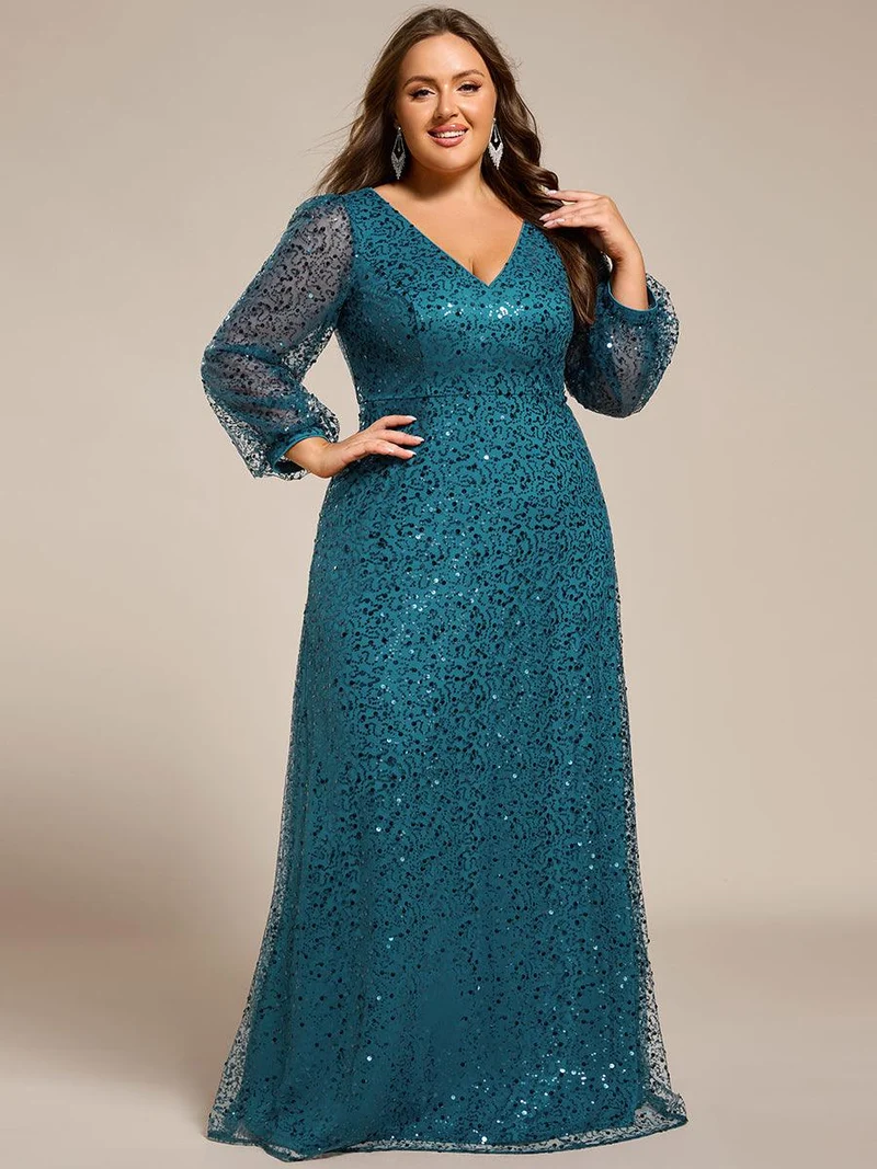 ever RAYVEN|Robe de soirée trapèze à paillettes col en V manches longues et paillettes