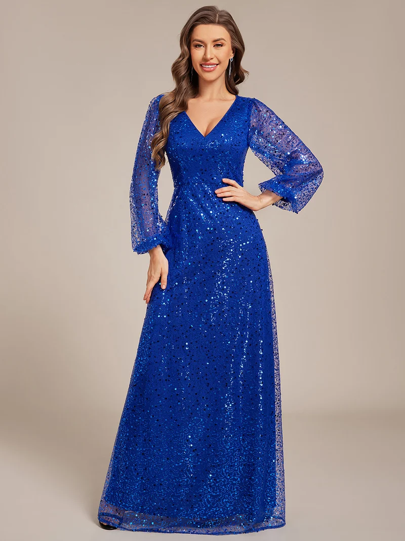 ever RAYVEN|Robe de soirée trapèze à paillettes col en V manches longues et paillettes