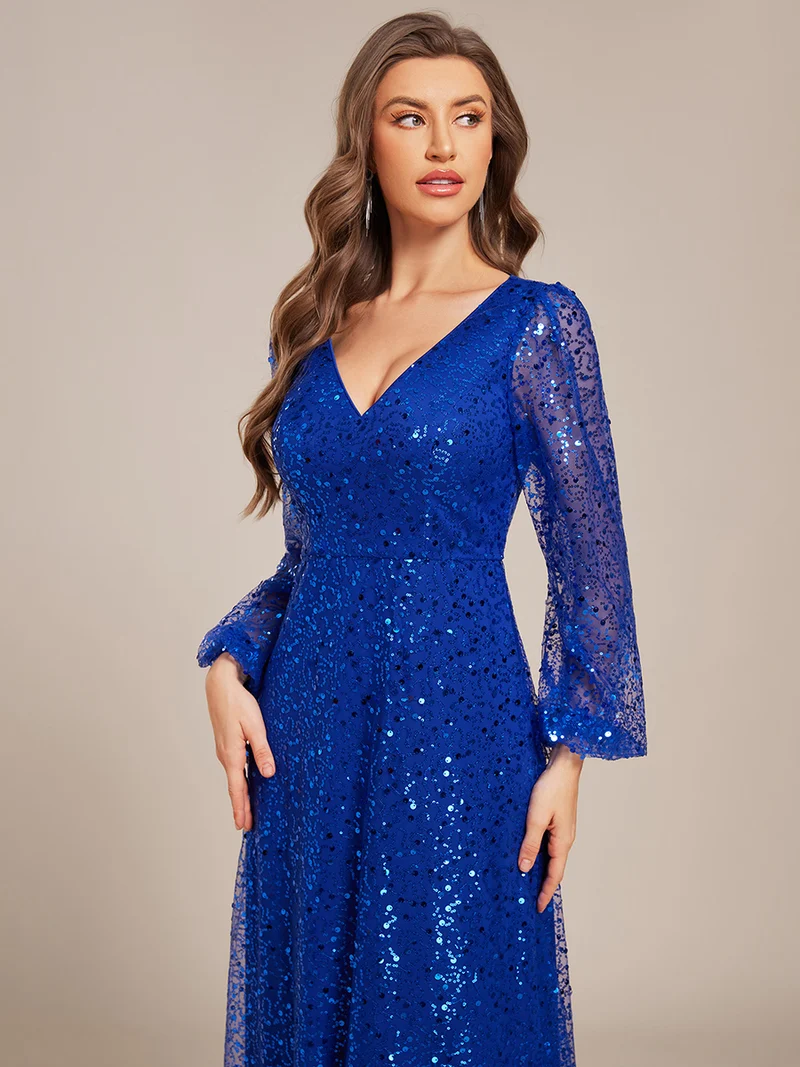 ever RAYVEN|Robe de soirée trapèze à paillettes col en V manches longues et paillettes