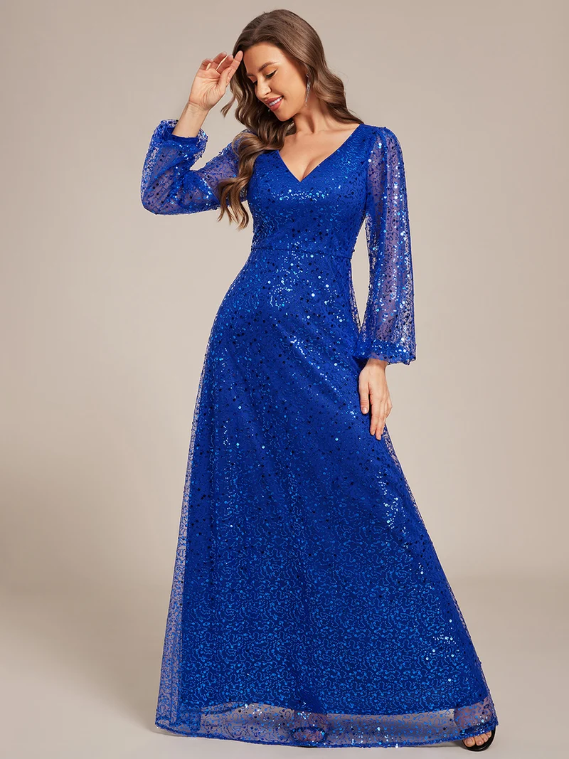 ever RAYVEN|Robe de soirée trapèze à paillettes col en V manches longues et paillettes