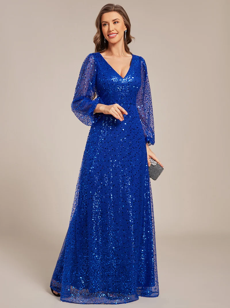 ever RAYVEN|Robe de soirée trapèze à paillettes col en V manches longues et paillettes