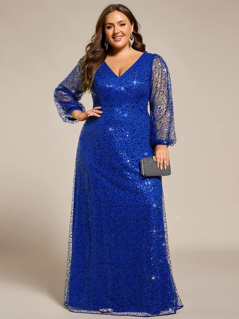 ever RAYVEN|Robe de soirée trapèze à paillettes col en V manches longues et paillettes