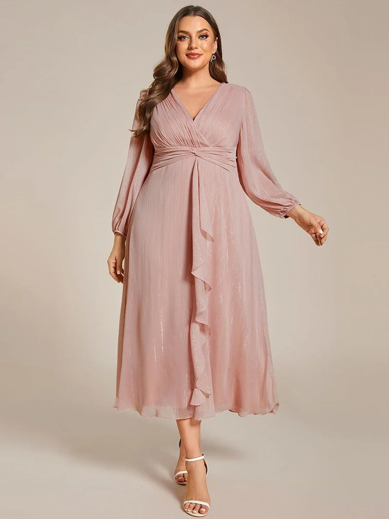 pretty EMBER|Robe de soirée grande taille trapèze scintillante à manches longues et col V en mousseline de soie torsadé(Vente finale)