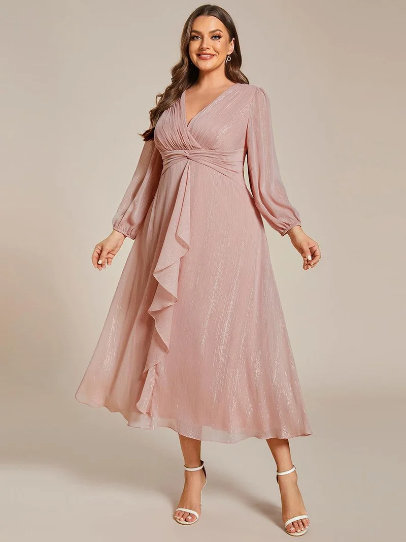 pretty EMBER|Robe de soirée grande taille trapèze scintillante à manches longues et col V en mousseline de soie torsadé(Vente finale)