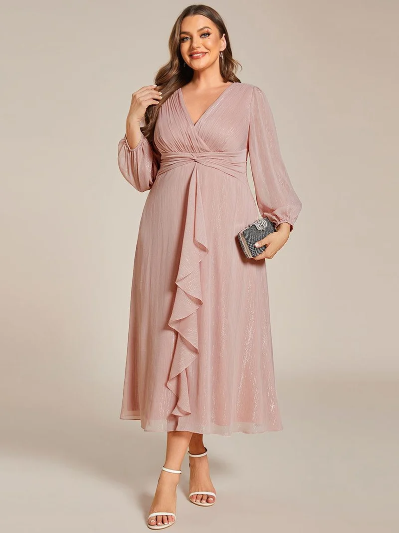pretty EMBER|Robe de soirée grande taille trapèze scintillante à manches longues et col V en mousseline de soie torsadé(Vente finale)