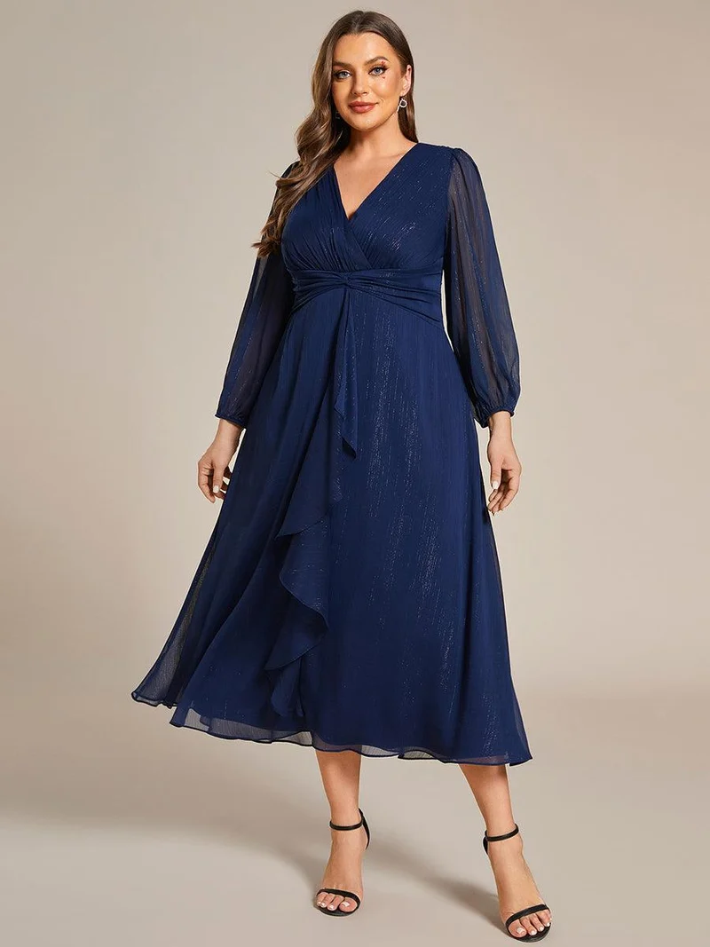 pretty EMBER|Robe de soirée grande taille trapèze scintillante à manches longues et col V en mousseline de soie torsadé(Vente finale)
