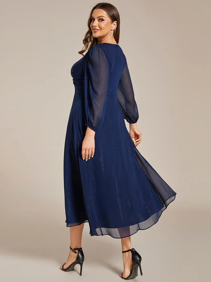 pretty EMBER|Robe de soirée grande taille trapèze scintillante à manches longues et col V en mousseline de soie torsadé(Vente finale)