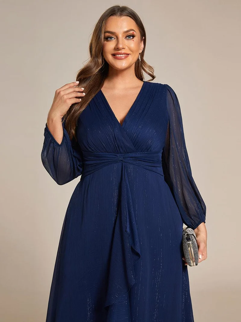 pretty EMBER|Robe de soirée grande taille trapèze scintillante à manches longues et col V en mousseline de soie torsadé(Vente finale)