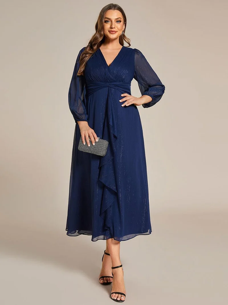 pretty EMBER|Robe de soirée grande taille trapèze scintillante à manches longues et col V en mousseline de soie torsadé(Vente finale)