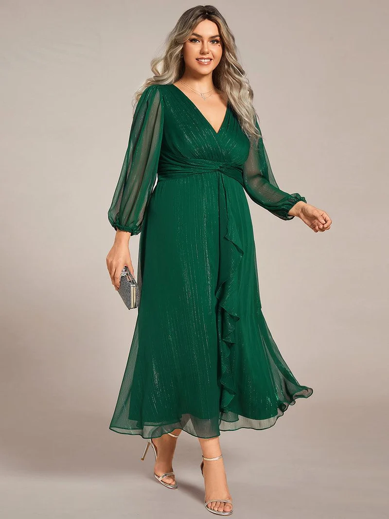 pretty EMBER|Robe de soirée grande taille trapèze scintillante à manches longues et col V en mousseline de soie torsadé(Vente finale)