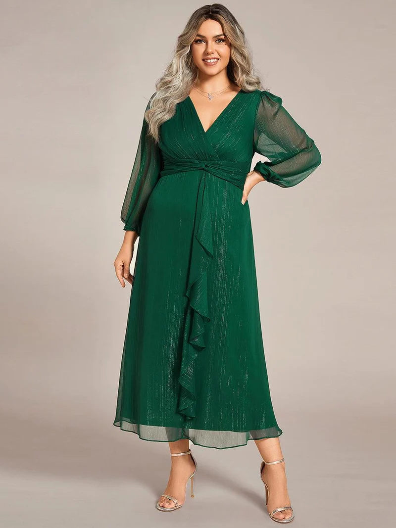 pretty EMBER|Robe de soirée grande taille trapèze scintillante à manches longues et col V en mousseline de soie torsadé(Vente finale)
