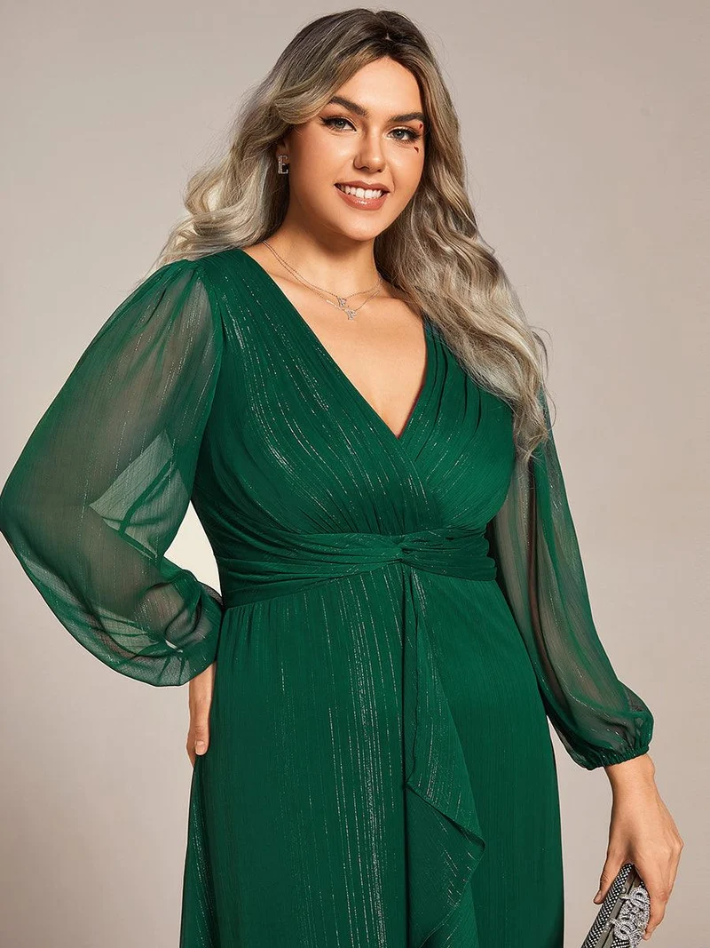 pretty EMBER|Robe de soirée grande taille trapèze scintillante à manches longues et col V en mousseline de soie torsadé(Vente finale)