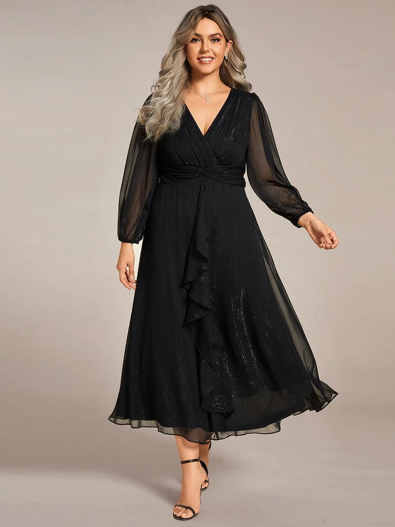 pretty EMBER|Robe de soirée grande taille trapèze scintillante à manches longues et col V en mousseline de soie torsadé(Vente finale)
