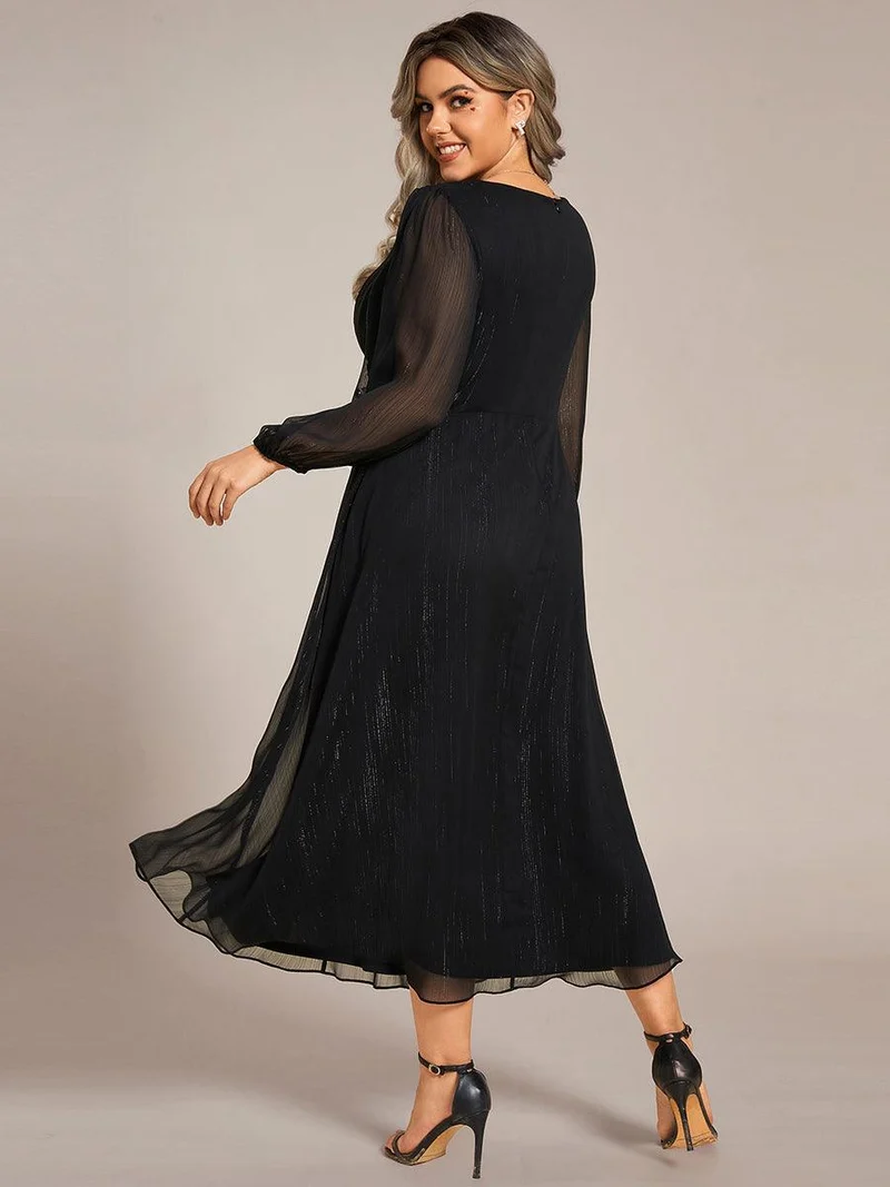 pretty EMBER|Robe de soirée grande taille trapèze scintillante à manches longues et col V en mousseline de soie torsadé(Vente finale)