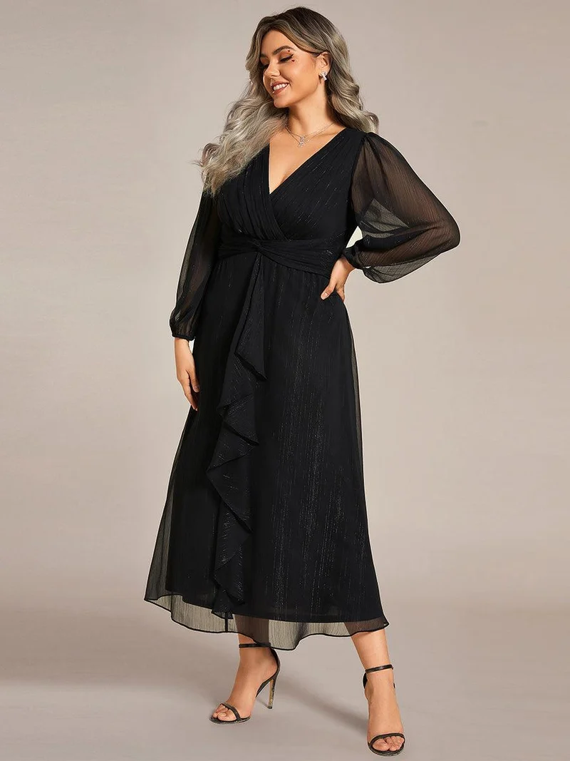 pretty EMBER|Robe de soirée grande taille trapèze scintillante à manches longues et col V en mousseline de soie torsadé(Vente finale)