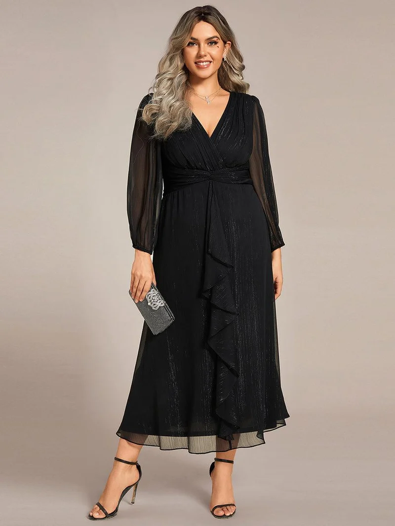 pretty EMBER|Robe de soirée grande taille trapèze scintillante à manches longues et col V en mousseline de soie torsadé(Vente finale)