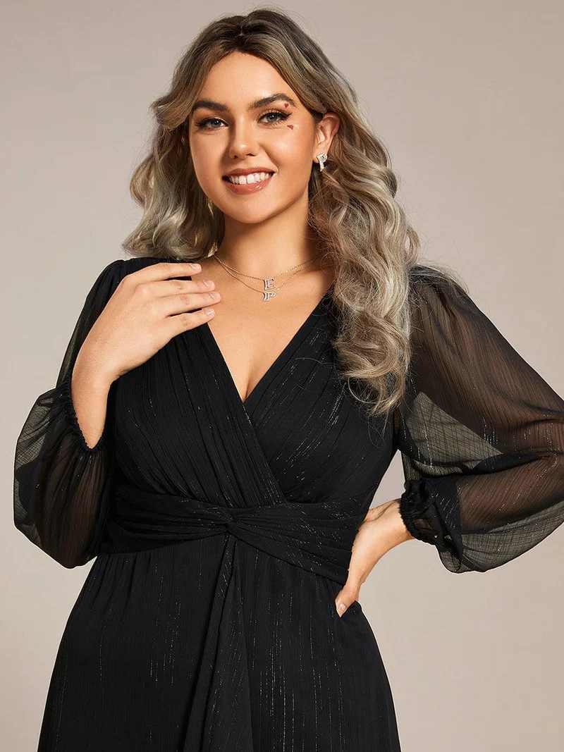 pretty EMBER|Robe de soirée grande taille trapèze scintillante à manches longues et col V en mousseline de soie torsadé(Vente finale)