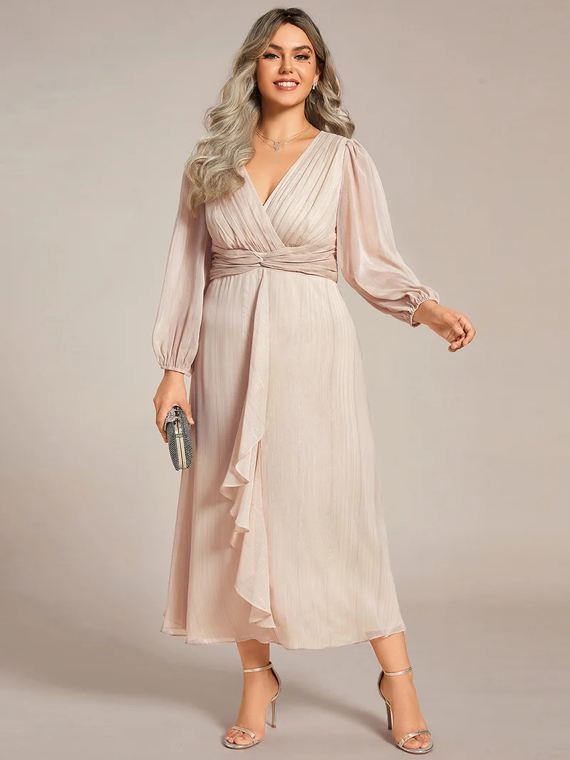 pretty EMBER|Robe de soirée grande taille trapèze scintillante à manches longues et col V en mousseline de soie torsadé(Vente finale)