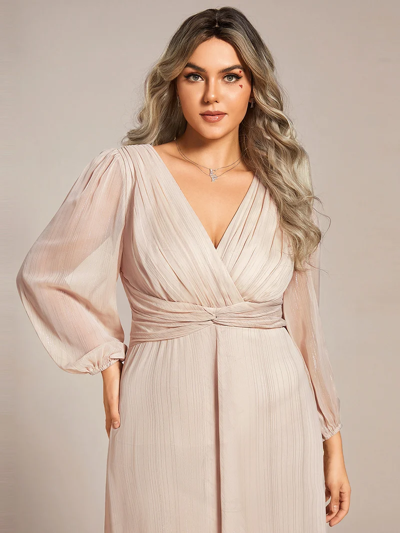 pretty EMBER|Robe de soirée grande taille trapèze scintillante à manches longues et col V en mousseline de soie torsadé(Vente finale)