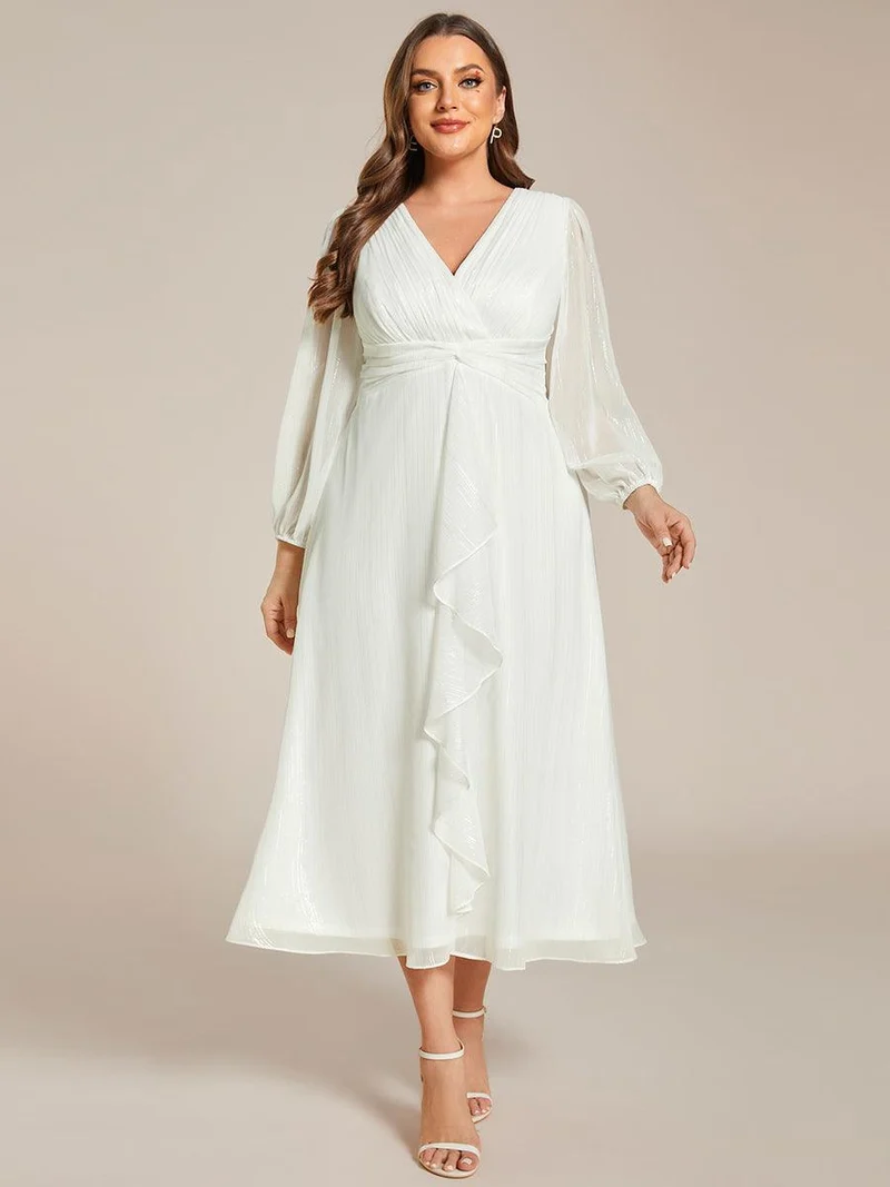 pretty EMBER|Robe de soirée grande taille trapèze scintillante à manches longues et col V en mousseline de soie torsadé(Vente finale)