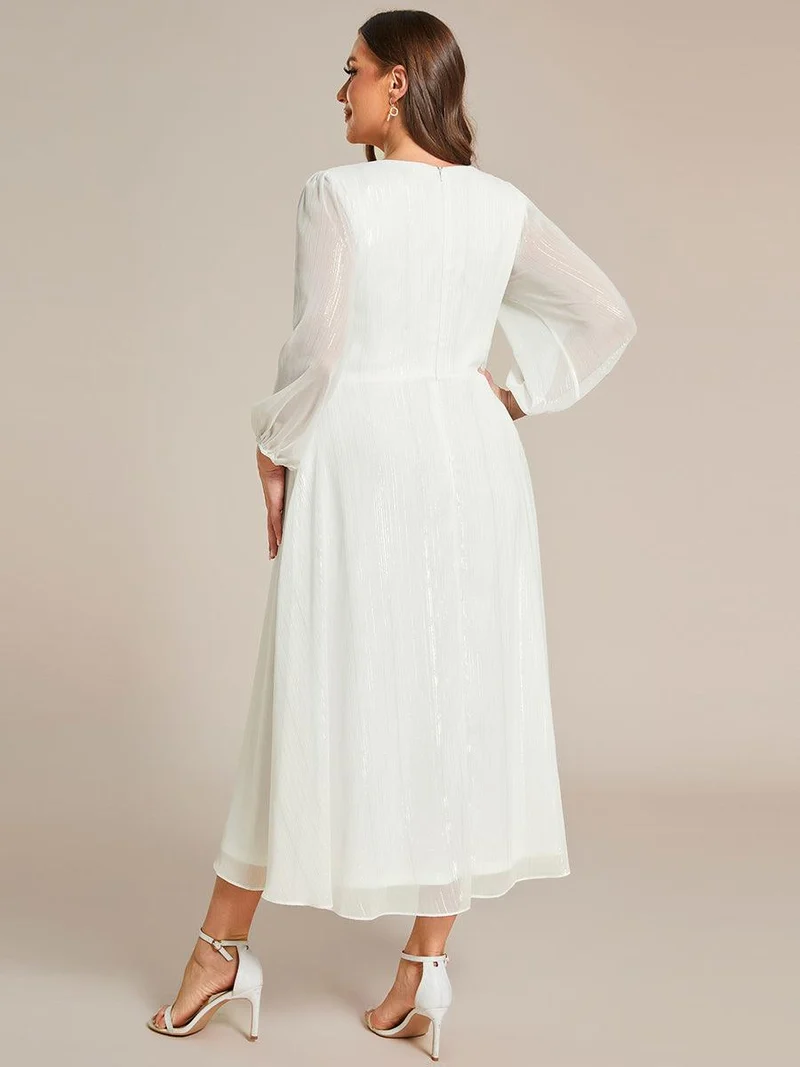 pretty EMBER|Robe de soirée grande taille trapèze scintillante à manches longues et col V en mousseline de soie torsadé(Vente finale)