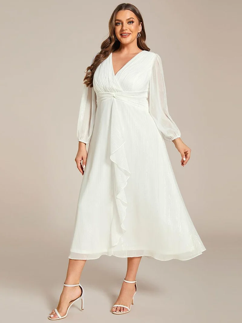 pretty EMBER|Robe de soirée grande taille trapèze scintillante à manches longues et col V en mousseline de soie torsadé(Vente finale)