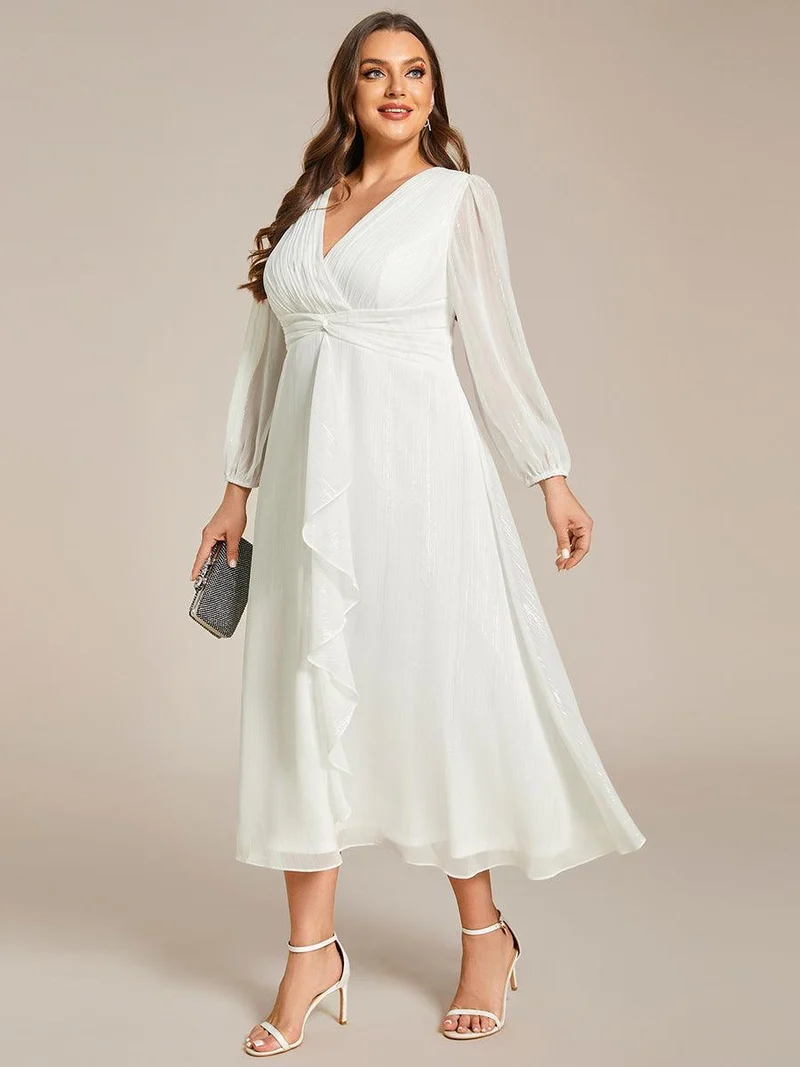 pretty EMBER|Robe de soirée grande taille trapèze scintillante à manches longues et col V en mousseline de soie torsadé(Vente finale)