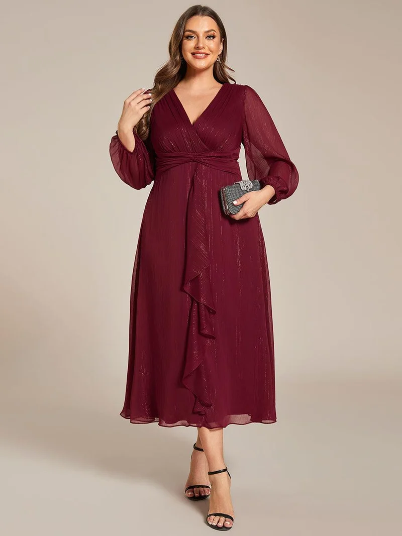 pretty EMBER|Robe de soirée grande taille trapèze scintillante à manches longues et col V en mousseline de soie torsadé(Vente finale)
