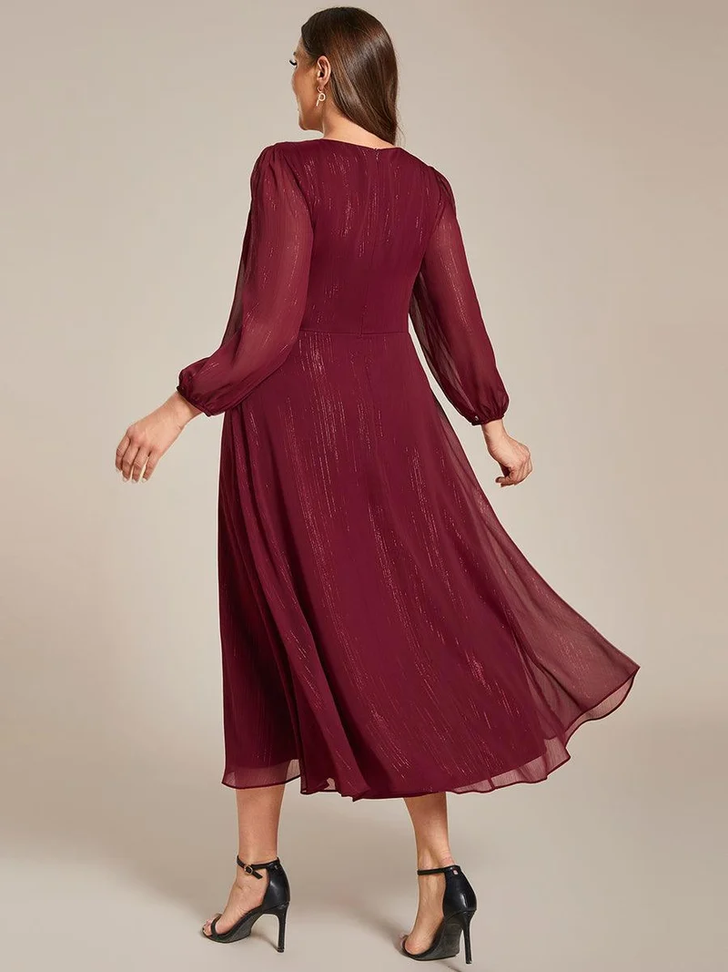 pretty EMBER|Robe de soirée grande taille trapèze scintillante à manches longues et col V en mousseline de soie torsadé(Vente finale)