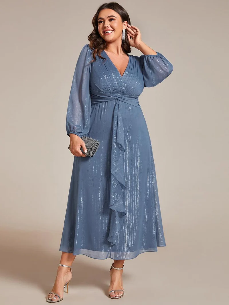pretty EMBER|Robe de soirée grande taille trapèze scintillante à manches longues et col V en mousseline de soie torsadé(Vente finale)