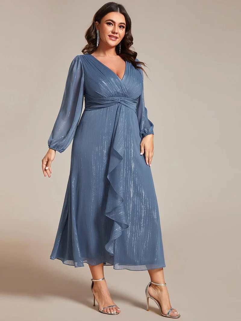 pretty EMBER|Robe de soirée grande taille trapèze scintillante à manches longues et col V en mousseline de soie torsadé(Vente finale)