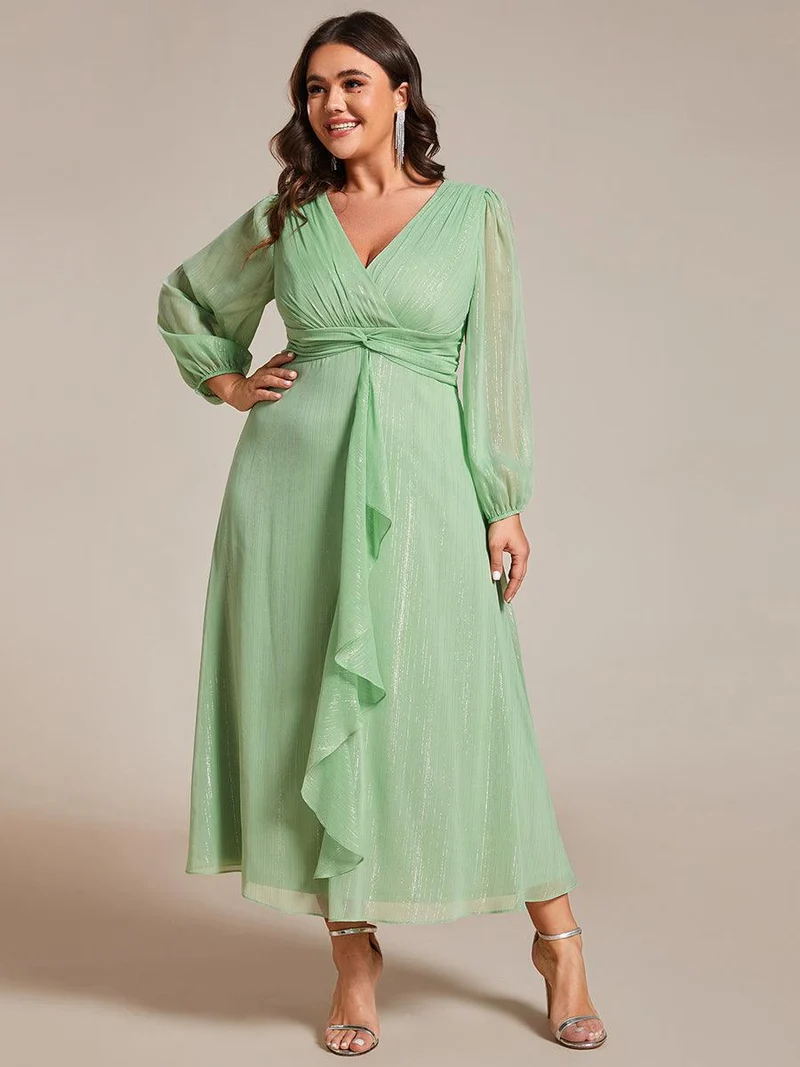 pretty EMBER|Robe de soirée grande taille trapèze scintillante à manches longues et col V en mousseline de soie torsadé(Vente finale)