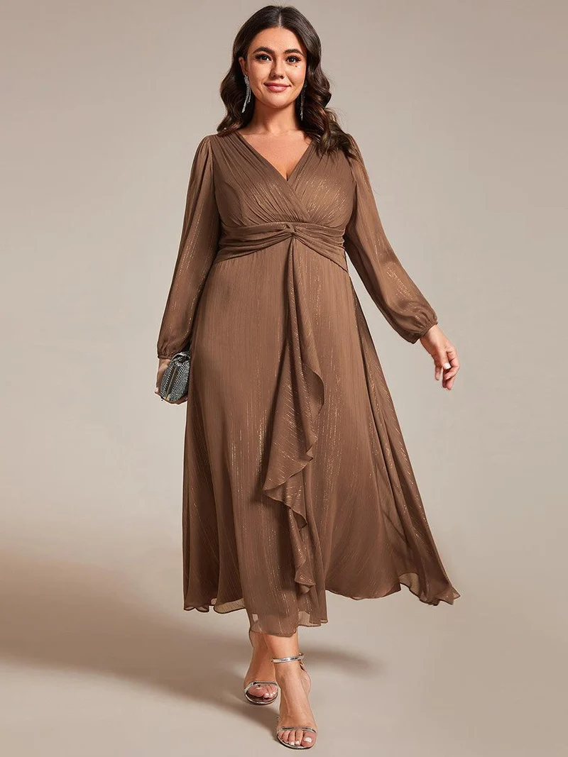 pretty EMBER|Robe de soirée grande taille trapèze scintillante à manches longues et col V en mousseline de soie torsadé(Vente finale)