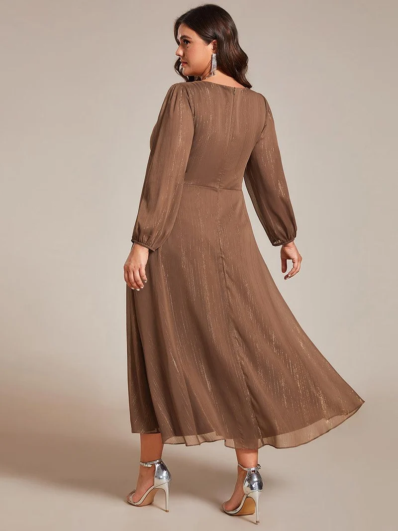 pretty EMBER|Robe de soirée grande taille trapèze scintillante à manches longues et col V en mousseline de soie torsadé(Vente finale)