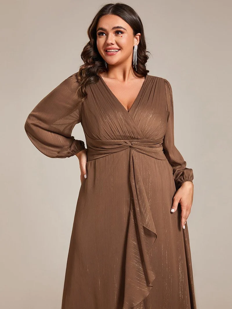 pretty EMBER|Robe de soirée grande taille trapèze scintillante à manches longues et col V en mousseline de soie torsadé(Vente finale)