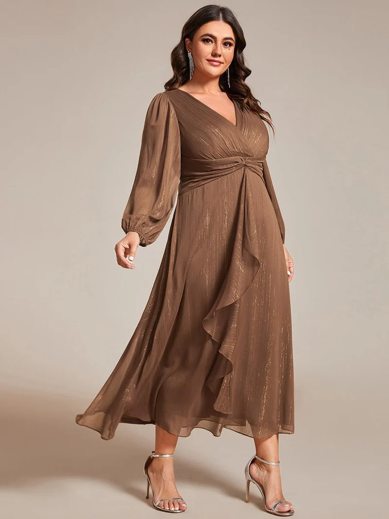 pretty EMBER|Robe de soirée grande taille trapèze scintillante à manches longues et col V en mousseline de soie torsadé(Vente finale)